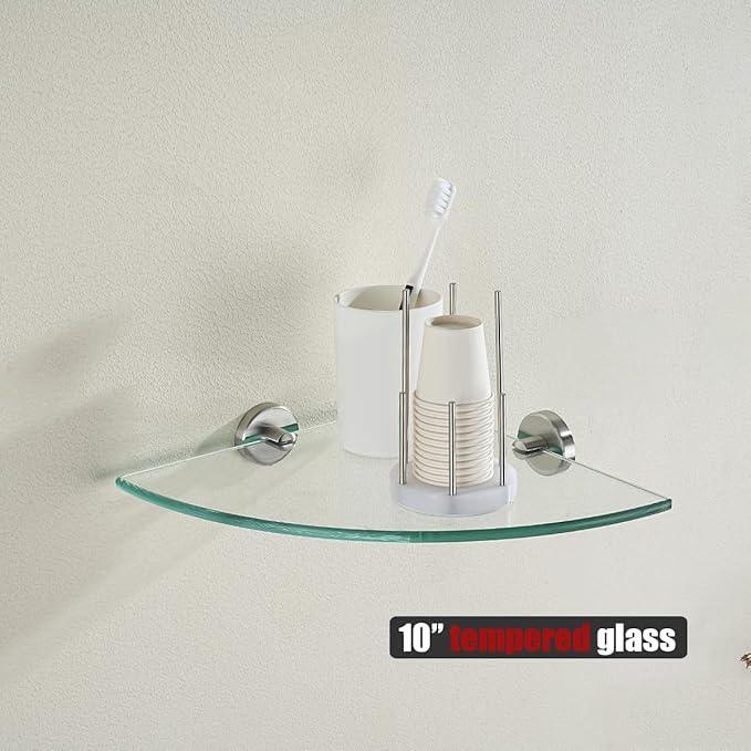 JQK Corner Glass Shelf, Brushed Steel Bathroom 304 Stainless Steel Shower Triangle Floating Wall Shelf, 10 x 10 Tempered Glass, 3 Pack, TGS190L10-BN-P3 - ModernBath