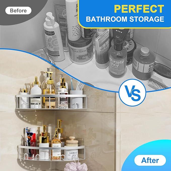 Corner Shower Caddy, 2 Pack Adhesive Bathroom Shower Corner Organizer Shelf, No Drilling Rustproof Wall Mounted Shower Storage Rack Shampoo Holder Organizer (Silver) - ModernBath