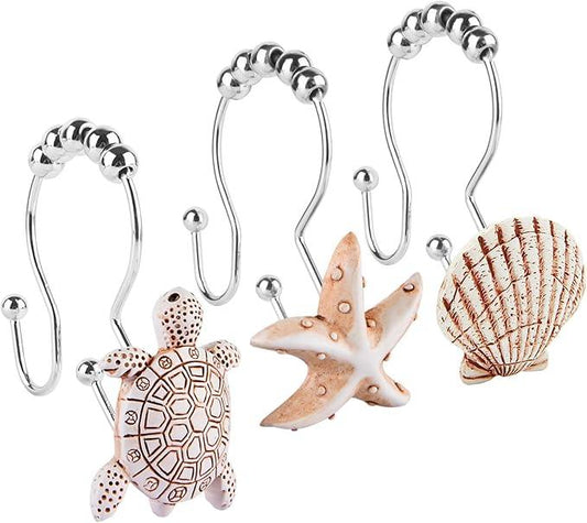 Double Shower Curtain Hooks,12Pcs Seashell Shower Curtain Rings Double Shower Curtain Hooks Decorative Bathroom for Home Bathroom Bedroom Living Room - ModernBath