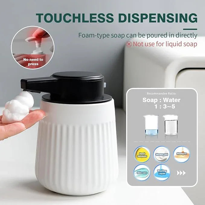 BosilunLife Ceramic Automatic Soap Dispenser with Extended Pump Nozzle, 3 Adjustable Levels, Touchless Foam Hand Wash Foaming Dispenser for Bathroom & Kitchen, Striped Design, White, 10oz - ModernBath