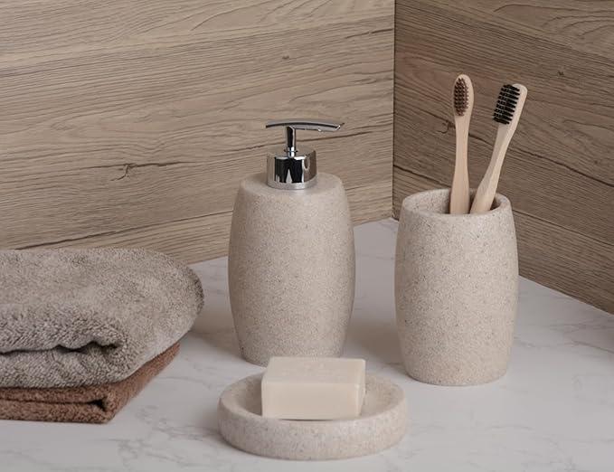 Clasin Home Beige Bathroom Accessories Set 3 PC, Resin Sandstone Look Soap Dispenser, Toothbrush Cup, Soap Dish, Bathroom Soap Dispenser Set for Home Decor and Kitchen - ModernBath