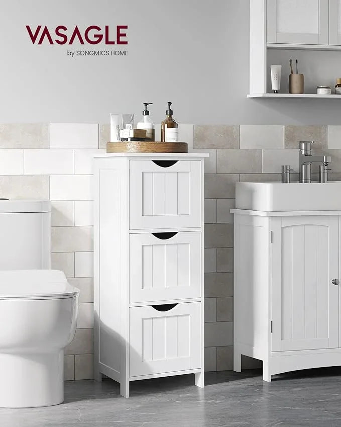 VASAGLE Floor Storage Cabinet, Freestanding Storage Unit with 3 Drawers, 11.8 x 12.6 x 31.9 Inches, for Bathroom, Living Room, Kitchen, Modern Style, Matte White UBBC50WT - ModernBath