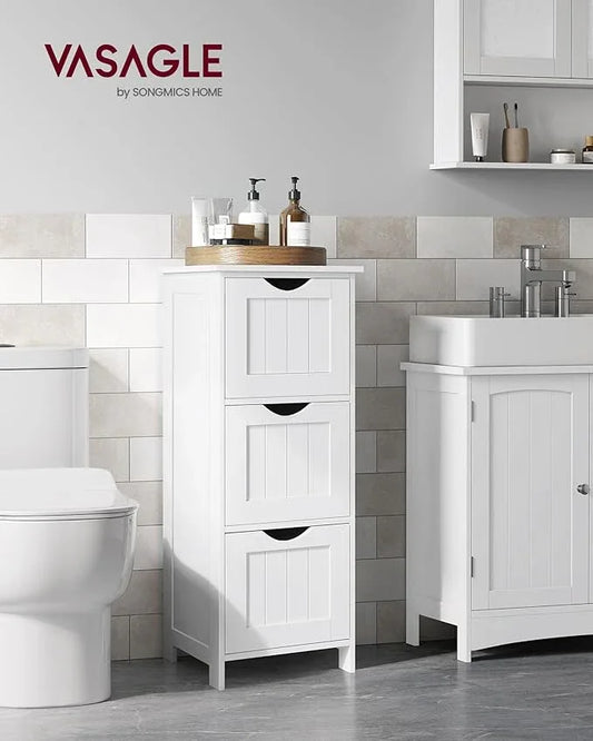 VASAGLE Floor Storage Cabinet, Freestanding Storage Unit with 3 Drawers, 11.8 x 12.6 x 31.9 Inches, for Bathroom, Living Room, Kitchen, Modern Style, Matte White UBBC50WT - ModernBath