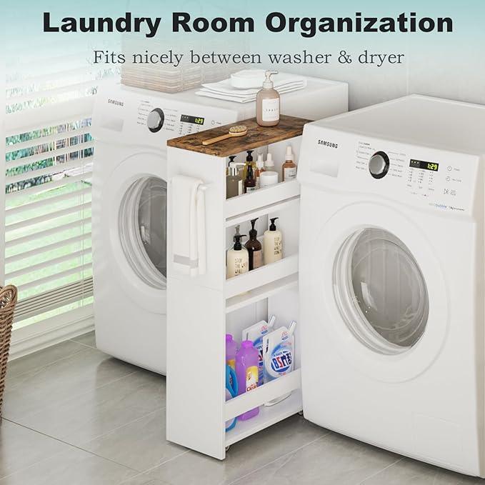MARTY Rolling Storage Cart 7.9" W, 4-Tier Kitchen Cart with Wheels Handle, Slim Storage Cart Mobile Shelving Utility Carts for Bathroom Laundry Room Organization Narrow Places (White) - ModernBath