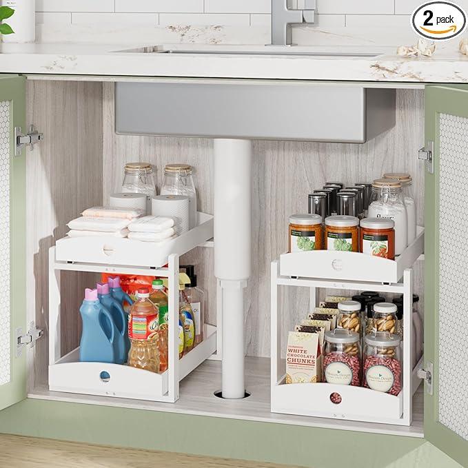 Bamboo Wood Under Sink Organizer 1 Pack, Pull Out Cabinet Organizer 2 Tier Under Sink Organizers and Storage with Sliding Drawer Sturdy Easy Assembly for Kitchen Bathroom Undersink (White, 2 Packs) - ModernBath