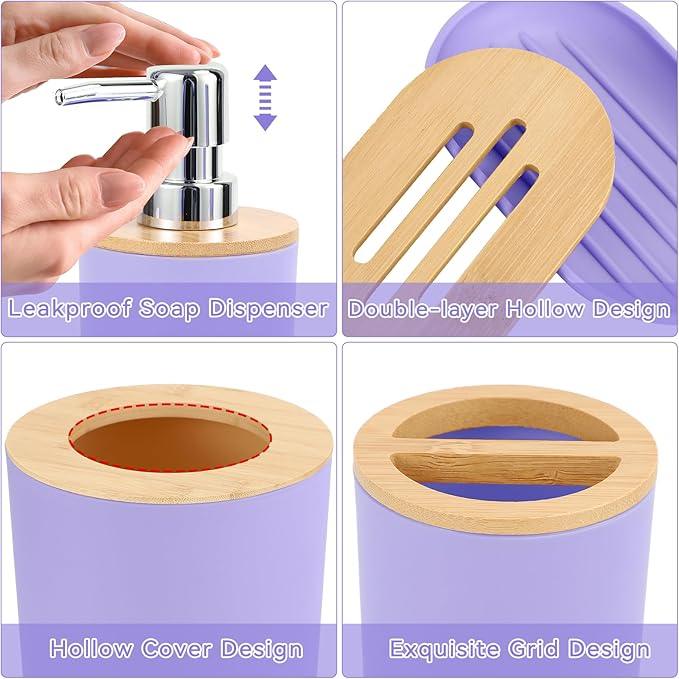 SLDIYWOW Purple Bathroom Accessories Set with Ombre Shower Curtain and No-Slip Bath Rugs,24PC Bath Sets with Trash Can, Toothbrush Holder, Cup, Soap Dispenser, Tray, Soap Dish,Toilet Brush,Qtip Holder - ModernBath