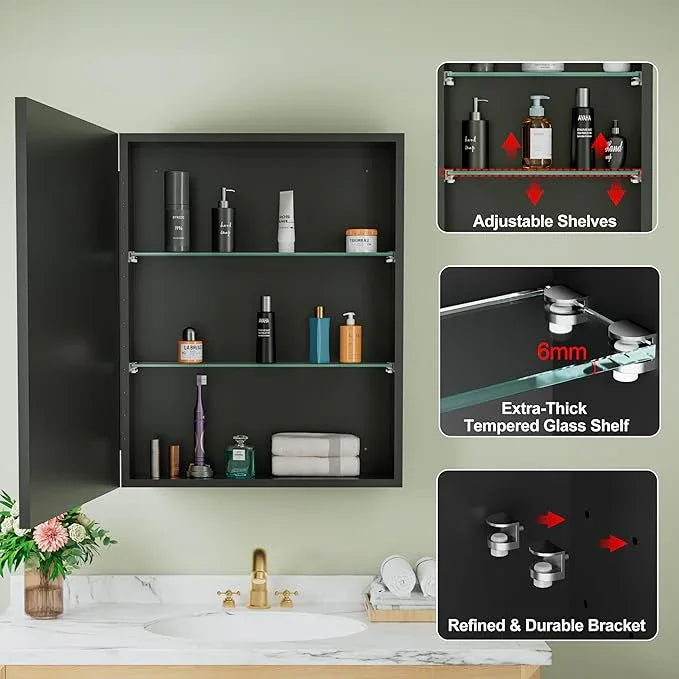 Buruis 24" x 30" Framed Medicine Cabinet with Mirror, Recessed or Wall Mounted Bathroom Cabinet, Adjustable Tempered Glass Shelves, Left/Right Open Reversible, No Assembly Required, Black - ModernBath