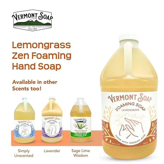 VERMONT SOAP Organic Lemongrass Zen Foaming Hand Soap - Natural Moisturizing Soap for Dry Skin - Fragrance Free Liquid Bathroom Hand Soap - Lemongrass Zen - 64 oz - ModernBath