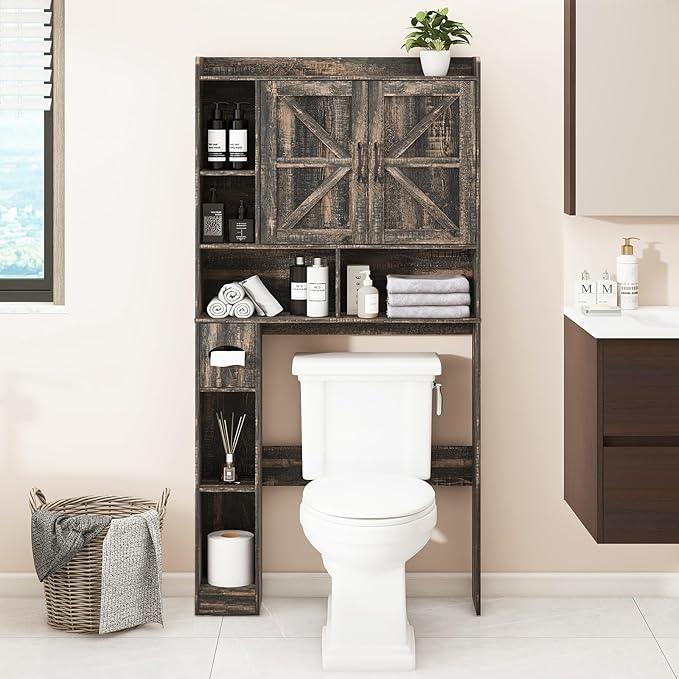 Over The Toilet Storage Cabinet, Farmhouse Storage Cabinet Over Toilet with 2 Barn Doors & Toilet Paper Holder Stand，Home Space-Saving Toilet Rack, for Bathroom, Restroom, Laundry - ModernBath