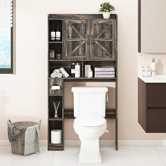 Over The Toilet Storage Cabinet, Farmhouse Storage Cabinet Over Toilet with 2 Barn Doors & Toilet Paper Holder Stand，Home Space-Saving Toilet Rack, for Bathroom, Restroom, Laundry - ModernBath