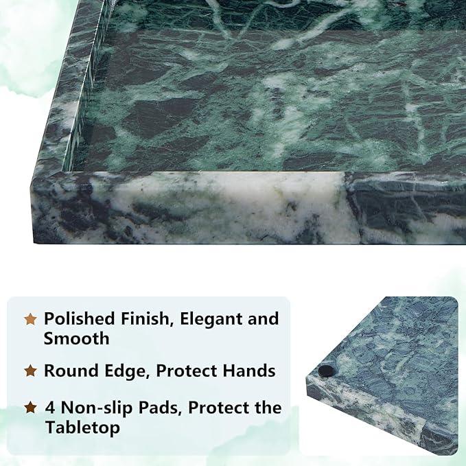 Zilukar Real Natural Marble Tray for Bathroom, Vanity, Kitchen and Desktop, Rectangle Genuine Marble Stone Tray for Jewelry, Cosmetics, Candles, Lotion, Perfume (Snowflake-Green, 12" x 8" x 1.2") - ModernBath