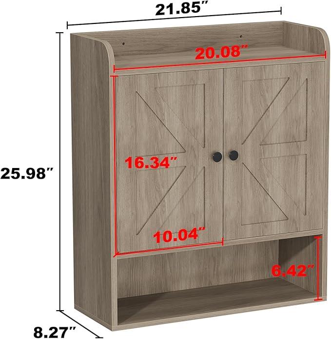 EasyCom 22" W x 26" H Bathroom Wall Cabinet, Farmhouse Medicine Cabinet with Adjustable Shelves and Double Barn Doors, Over The Toilet Storage Cabinet for Bathroom, Kitchen, Living Room, Oak Grey - ModernBath