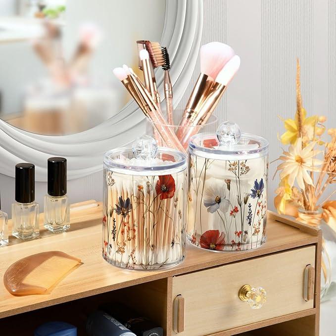 Tatenale Qtip Holder Bathroom Set Q tip Cotton Ball Swab Pad Dispenser Container Organizer Plastic Jars with Lids Storage 2Pack Beige Wild Flowers - ModernBath