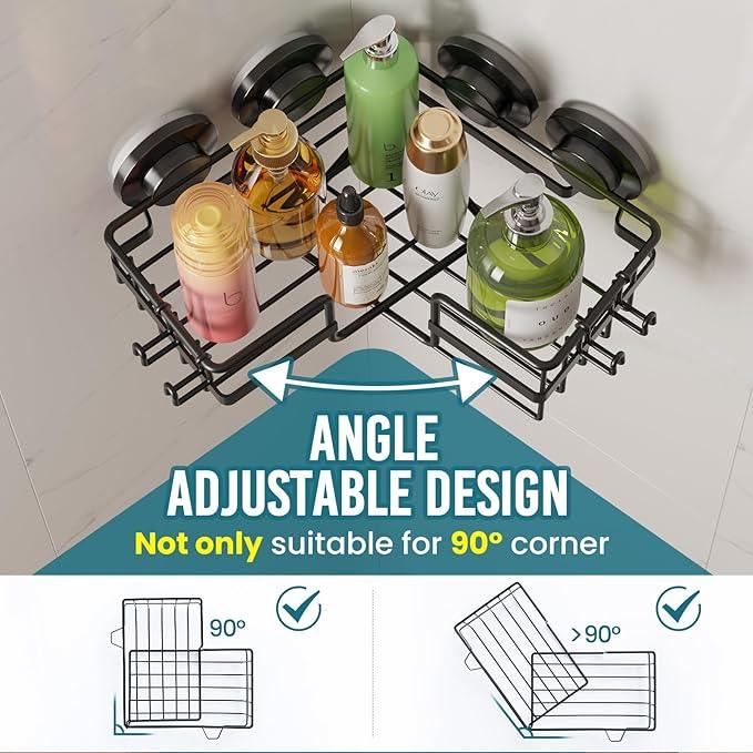 TAILI 2 Pack Corner-adaptive Suction Cup Shower Caddy, Stainless Steel Rustproof Corner Shower Shelves, Large Capacity, Removable Suction Cup Bathroom Organizer, Drill-Free Wall Mounted Baskets, Black - ModernBath