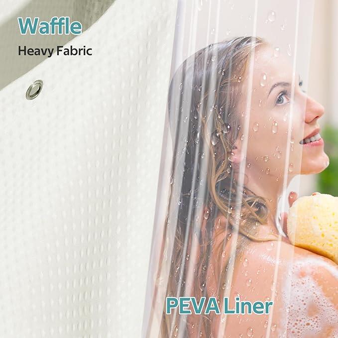 Vipfree 3 in 1 Shower Curtain Set, Waffle Shower Curtain and Liner Set with 12 Double Sided Shower Curtain Hooks, 258GSM Luxury Weighted Cloth Shower Curtains for Bathroom, 72 W x 84 H, Cream - ModernBath