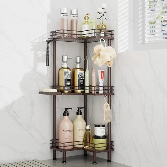 Consumest Corner Shower Caddy Standing - 3-Tier Stainless Steel Shower Organizer with Soap Holder and 4 Hooks, Large Capacity Corner Shelf Stand for Bathroom, Rest Room, Bronze - ModernBath