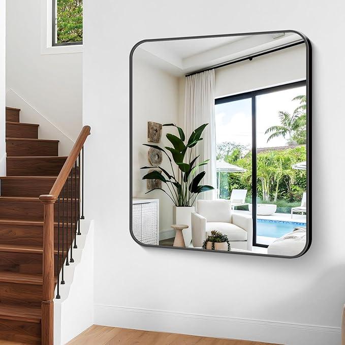 CIVENO Bathroom Mirror, 48 x 40 inch Black Rectangle Wall Mirror, Metal Frame Rectangular Vanity Mirror, Rounded Corner Wall Mounted Mirror for Modern Bedroom Living Room Hangs Horizontal/Vertical - ModernBath