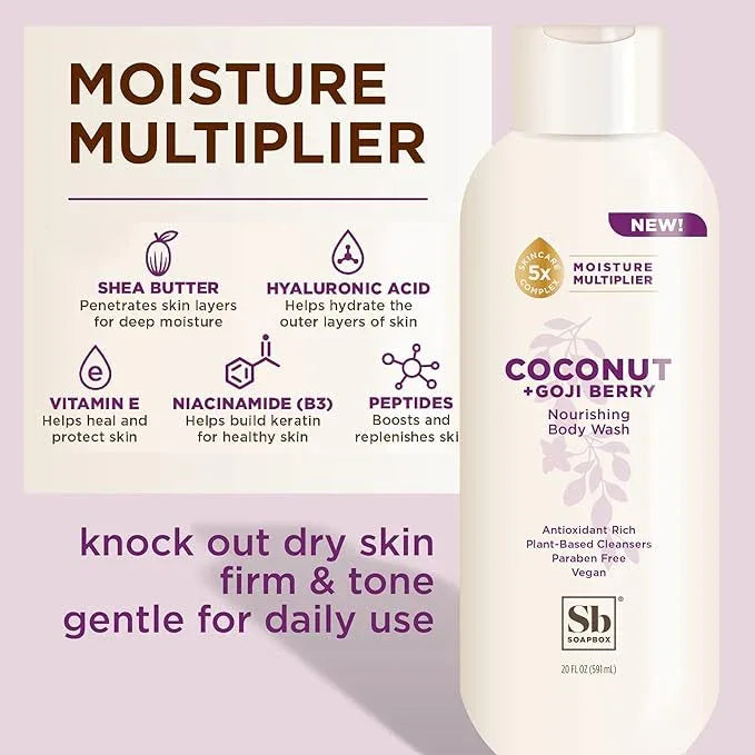 Soapbox Body Wash, Coconut + Goji Berry Body Wash for Women, Men, Vegan + Antioxidant Rich Moisturizing Soap with Shea Butter, Peptides & Keratin Promoting B3, 3 Pack, 20oz Each - ModernBath