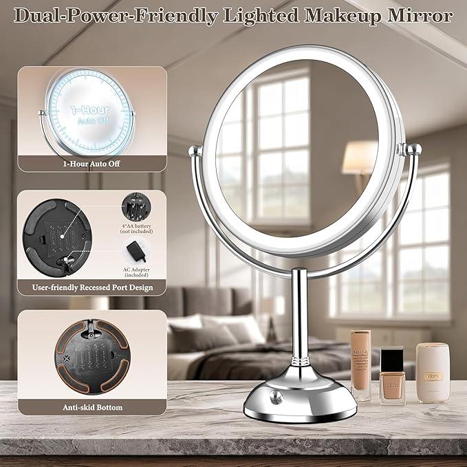 VESAUR Upgraded 11" Large 17" Tall Lighted Makeup Mirror Silver, 1X/10X Dual-Sided Magnifying with 15X Suction Mirror, 3 Color Adjustable Lights, 360° Swivel Dual Power Vanity Mirror, Gift Box - ModernBath