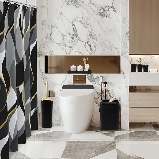 XLHOMO Black Bathroom Set, Bathroom Sets with Stripe Shower Curtain, Black and Gold Bathroom Accessories with Trash Can, Soap Dispenser, Soap Dish, Toilet Brush Holder, Qtip Holders for Bathroom - ModernBath