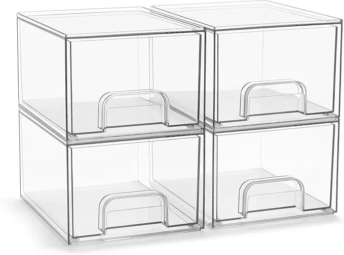 Sorbus Acrylic Storage Containers - 4 Pack, Stackable Storage Bins Set for Bathroom Organization - Clear Acrylic Drawer Organizers - Makeup Case Pull-Out Drawers (4.4’’ Tall) - ModernBath
