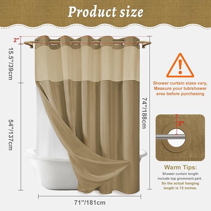 WONICY No Hook Shower Curtain with Snap in Liner, Polyester Textured Shower Curtain with Liner Set, Waterproof Washable Hotel Style Shower Curtains for Bathroom, 71Wx74H, Khaki - ModernBath