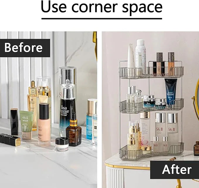 shuang qing 3-Tier Corner Bathroom Counter Organizer – Classic Storage Shelf for Makeup, Perfume & Toiletries, Space-Saving Countertop Tray Fits Bathroom, Dresser, Kitchen (Slate Gray) - ModernBath