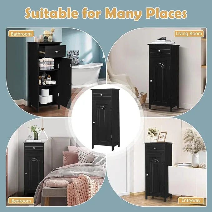 COSTWAY Bathroom Storage Cabinet, Single Door Floor Cabinet with Drawer and 3-Level Adjustable Shelves, Modern Side Storage Organizer with Anti-Tipping Device for Living Room, Bedroom (Black) - ModernBath
