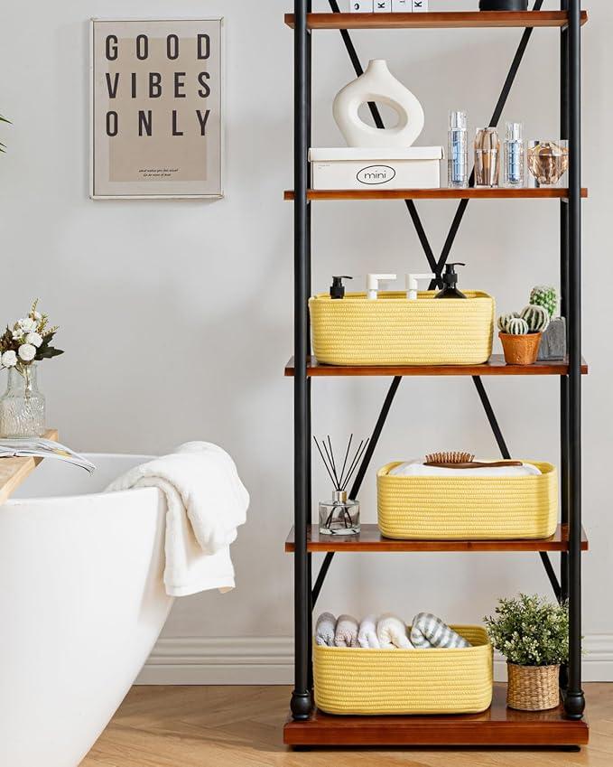 Small Woven Basket, 13.5 x 9.5 x 5 Inches, Storage Basket for Organizing, Cute Small Rope Shelf Closet Cube Storage Bins Baskets for Shelves, Dog Toy Gift Baskets Empty, 3 Pack Yellow - ModernBath