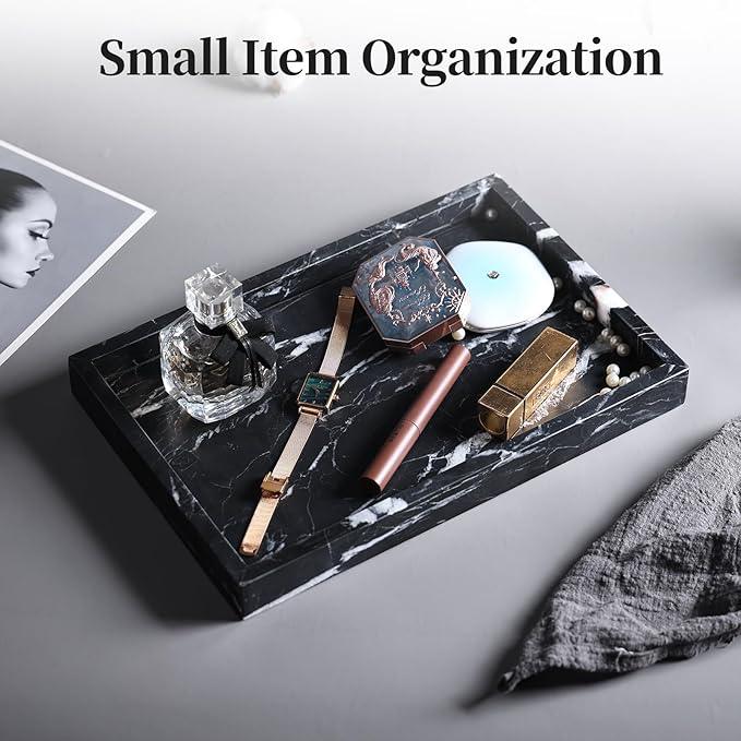 Real Natural Marble Tray for Bathroom, Genuine Marble Stone Vanity Tray, Luxury Storage Trays for Kitchen, Vanity, Home Decor, Dresser, Non-Resin/Non-Ceramic, 12"x 8"x 1.2", Black - ModernBath