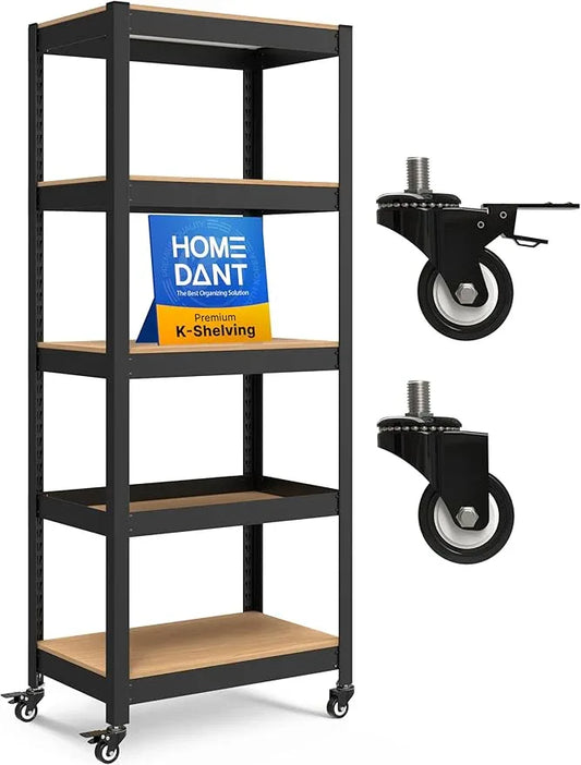 HOMEDANT House 24.4" 5-Tier Metal Rolling Cart Shelf Rack Casters Heavy Duty Laminated Wheel Shelving Unit Adjustable Utility Storage Shelves Shelf Kitchen Garage Black 1Pack - ModernBath