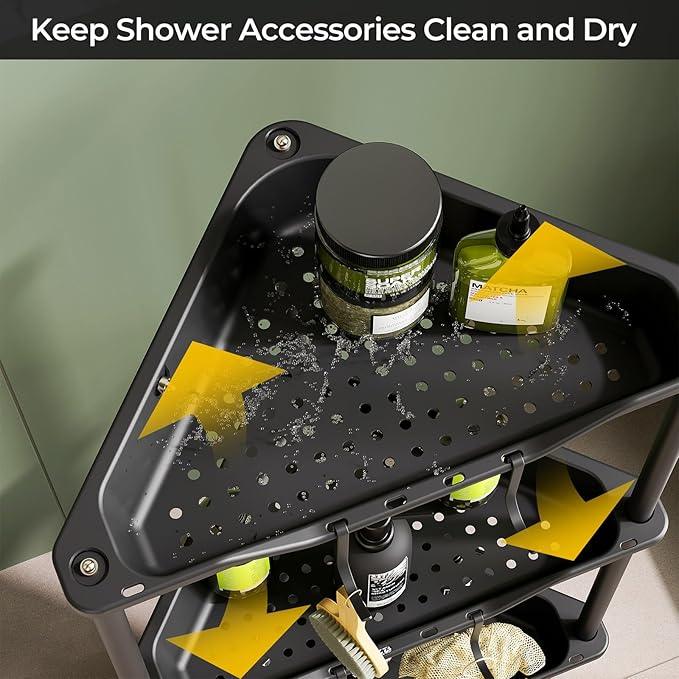 3 Tier Corner Shower Caddy Standing Floor Standing Corner Shower Caddy Organizer Shower Table Plastic Metal Splicing Shelf Storage Rack for Bathroom Black - Rustproof - ModernBath
