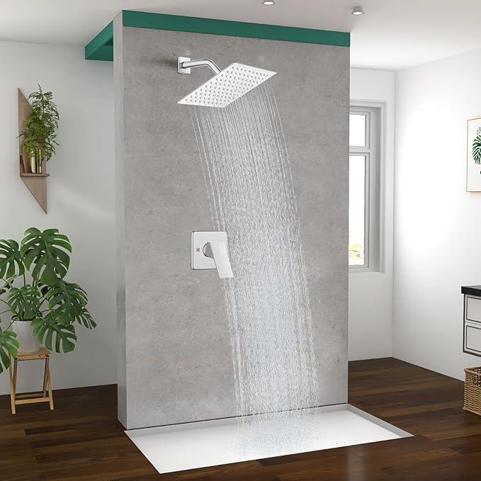 Heyalan 8 Inch Shower Head and Handle Set Square Shower Faucet Set Bathroom Rainfall Shower Faucet Set Stainless Steel Showerhead Single Function Shower Trim Kit,Male Thread Valve,Polished Chrome - ModernBath