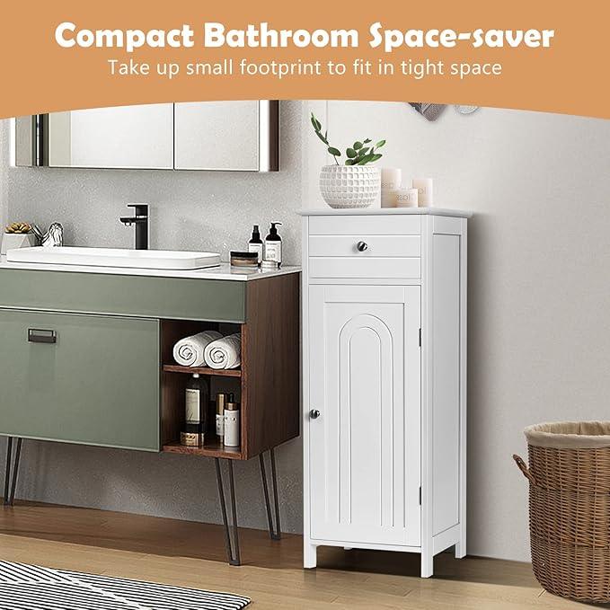 COSTWAY Bathroom Storage Cabinet, Single Door Floor Cabinet with Drawer and 3-Level Adjustable Shelves, Modern Side Storage Organizer with Anti-Tipping Device for Living Room, Bedroom (White) - ModernBath