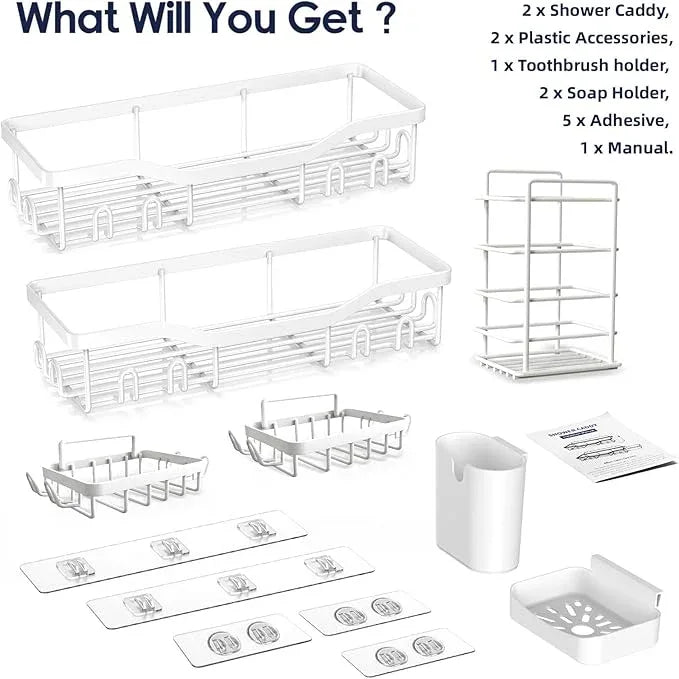 Shower Caddy Adhesive Shower Organizer 7-Pack, Rustproof Stainless Steel Bathroom Shelves, Large Capacity No-Drill Rack Storage Accessories with Soap Dish Toothbrush Holder Hooks (White) - ModernBath