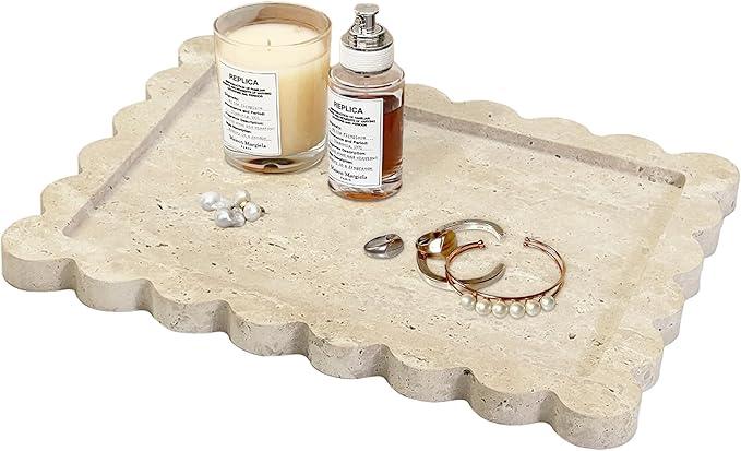 Prolee Scalloped Marble Tray,Marble Vanity Trays for Bathroom 12" x 9", Scalloped Tray,Wave Appearance Jewelry Home Decor Stone Trays for Kitchen Counter, Bathroom, Beige Travertine - ModernBath