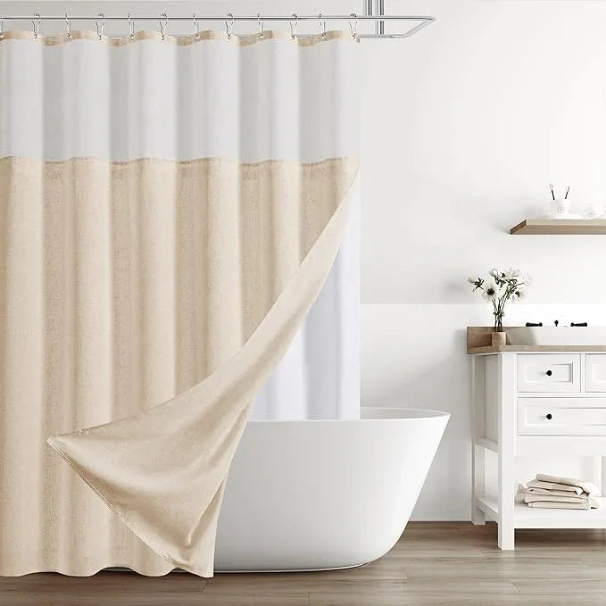 Naturoom Natural Linen Shower Curtain with Snap in Liner Set Rustic Farmhouse Shower Curtains for Bathroom 200GSM Textured Cream Burlap Cloth Double Bath Curtains with See Through Top Window 72x84 - ModernBath