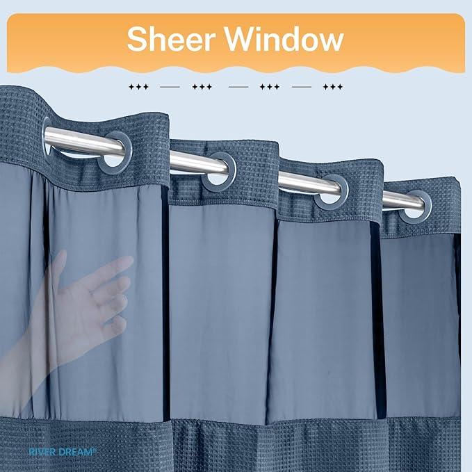 River Dream Blue Shower Curtain No Hooks Required Dotted Waffle Weave Shower Curtain with Snap in Liner - 71W x 74H,Hotel Grade,Spa Like Bath Curtain,Moonlight Blue - ModernBath