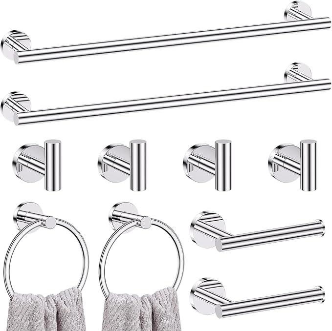 Lairuier Polished Chrome Bathroom Hardware Set, 10-Piece Towel Bar Set SUS304 Stainless Steel Bathroom Hardware Accessories Set Round Towel Holder Set Wall Mounted - ModernBath
