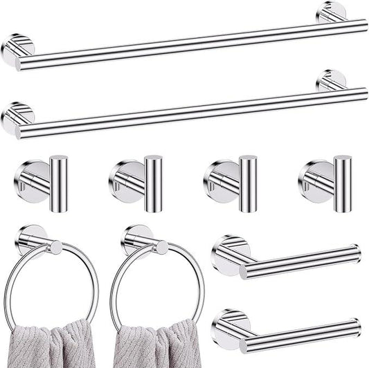 Lairuier Polished Chrome Bathroom Hardware Set, 10-Piece Towel Bar Set SUS304 Stainless Steel Bathroom Hardware Accessories Set Round Towel Holder Set Wall Mounted - ModernBath