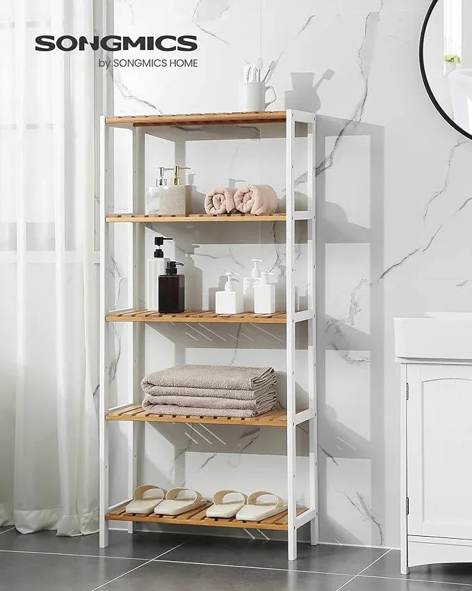 SONGMICS Bamboo Storage Shelf, 5-Tier Shelving Unit, Multifunctional, in The Entryway, Bathroom, Living Room, Balcony, Kitchen, 10.2 x 23.6 x 51.2 Inches, Cloud White and Light Bamboo UBCB35WN - ModernBath