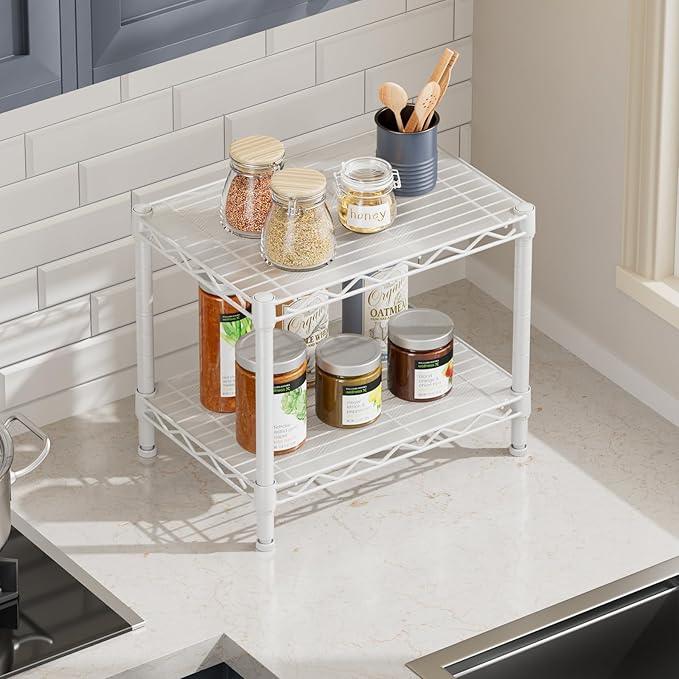 SINGAYE 2 Small Shelves Kitchen Storage Shelf Wire Shelving Unit Metal Shelf Adjustable Organizers Storage Shelving for Office Pantry White 12" D X 18" W X 12" H - ModernBath