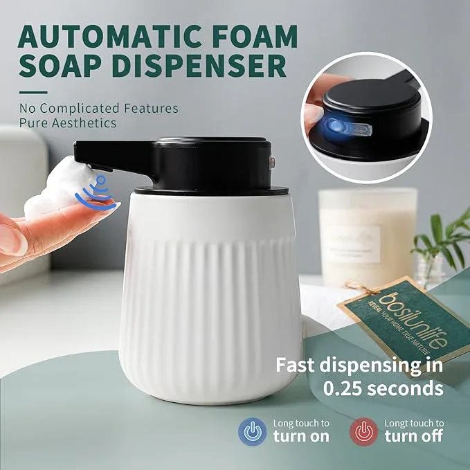 BosilunLife Ceramic Automatic Soap Dispenser with Extended Pump Nozzle, 3 Adjustable Levels, Touchless Foam Hand Wash Foaming Dispenser for Bathroom & Kitchen, Striped Design, White, 10oz - ModernBath