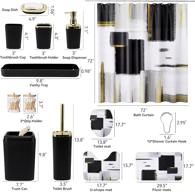 XLHOMO Bathroom Set - Black Bathroom Accessories Set, Bathroom Sets with Shower Curtain and Rugs, Black Shower Curtain Set with Bathroom Trash Can, Soap Dispenser, Soap Dish for Home Decor - ModernBath