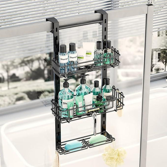HapiRm 3 Tier Over the Door Shower Caddy, Hanging Shower Caddy with 16 Hooks and 2 Soap Holders, No Drilling Adjustable Hanging Bathroom Organizer - Black - ModernBath