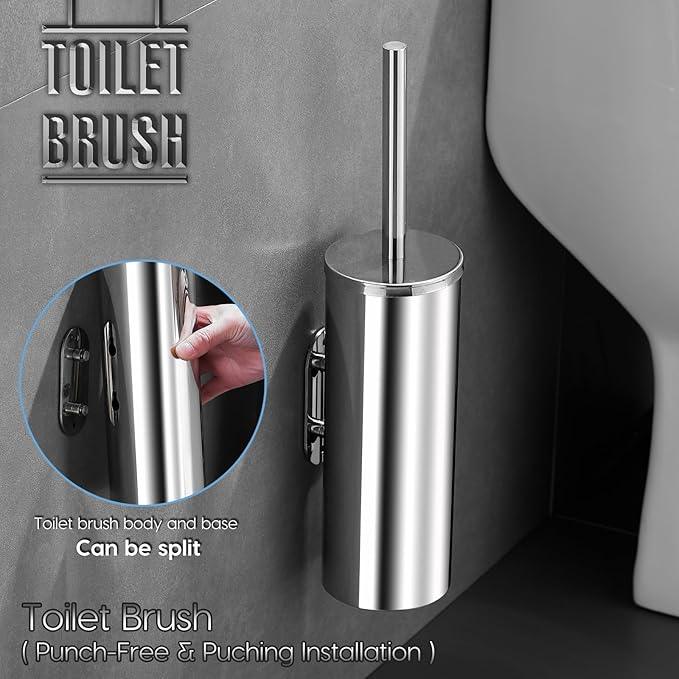 Toilet Brush and Brush Holder, Stainless Steel No-Punch Hook Base Dual Purpose Toilet Brush Holder with Removable Inner Bucket and Splash Cover - Soft Bristles (Chrome) - ModernBath