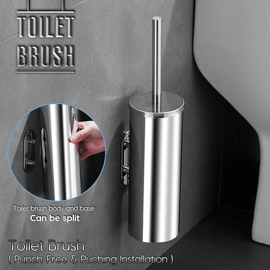 Toilet Brush and Brush Holder, Stainless Steel No-Punch Hook Base Dual Purpose Toilet Brush Holder with Removable Inner Bucket and Splash Cover - Soft Bristles (Chrome) - ModernBath