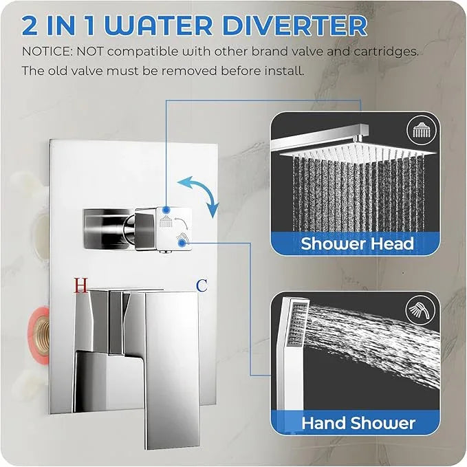 RNDIOZD Chrome Shower Faucet Set, 10 inch Rain Shower System with Pressure Balance Valve, Wall Mounted 2-Functions Bathroom Shower Systems with Rain Shower and Handheld Spray Shower Trim Included - ModernBath