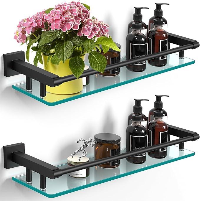 Bathroom Glass Shelf 20IN Rectangular Stainless Steel Tempered Glass Shelves Modern Stainless Steel Wall Mount Bathroom Shelf (Matte Black, 20‘’) - ModernBath