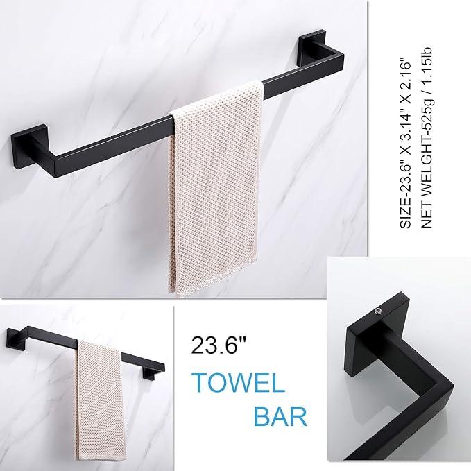 TASTOS 5-Pieces Matte Black Bathroom Hardware Set, Premium Stainless Steel Square Wall Mounted-Includes 23.6 Inch Towel Bar, Toilet Paper TP Holder, 9 Inch Towel Holder, 2 Robe Towel Hooks - ModernBath